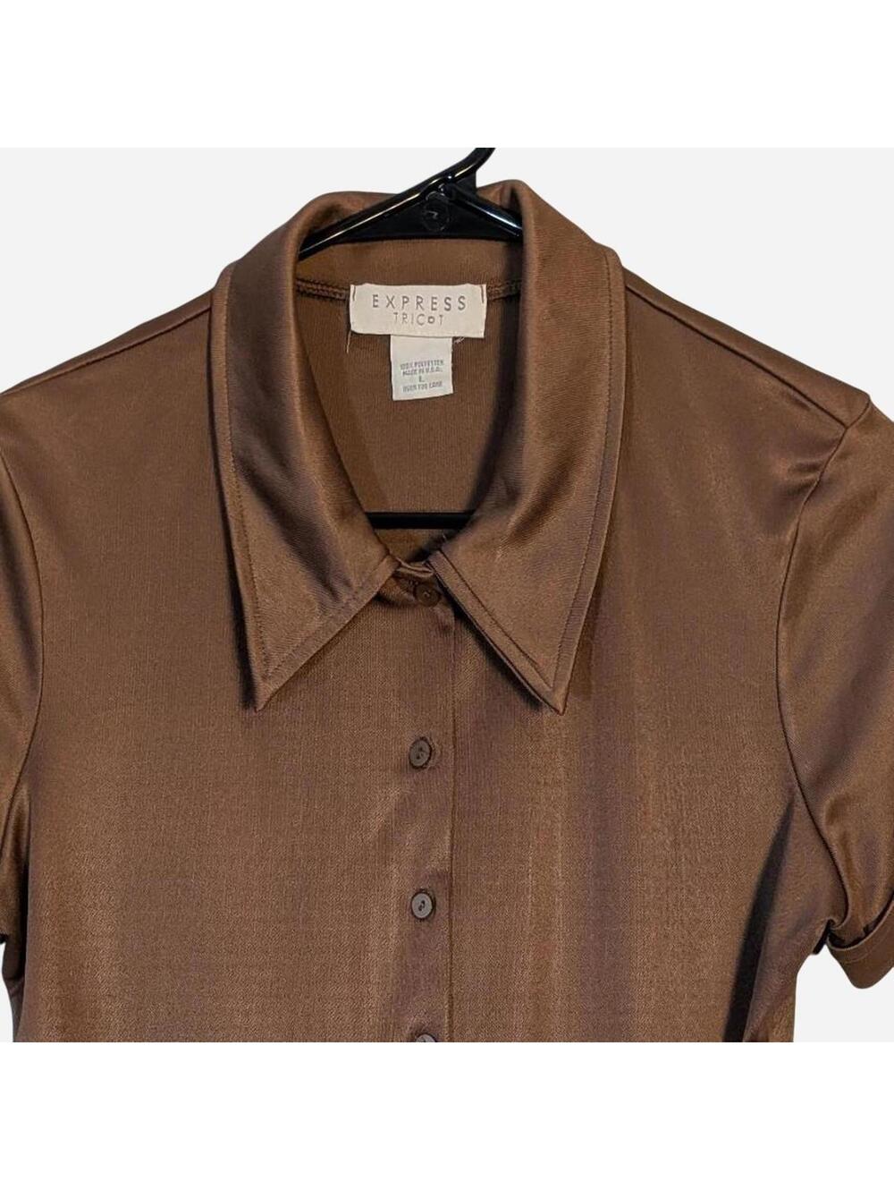 90s Express Tricot Brown Button-Up Shirt – Vintage Large - Picture 2 of 4
